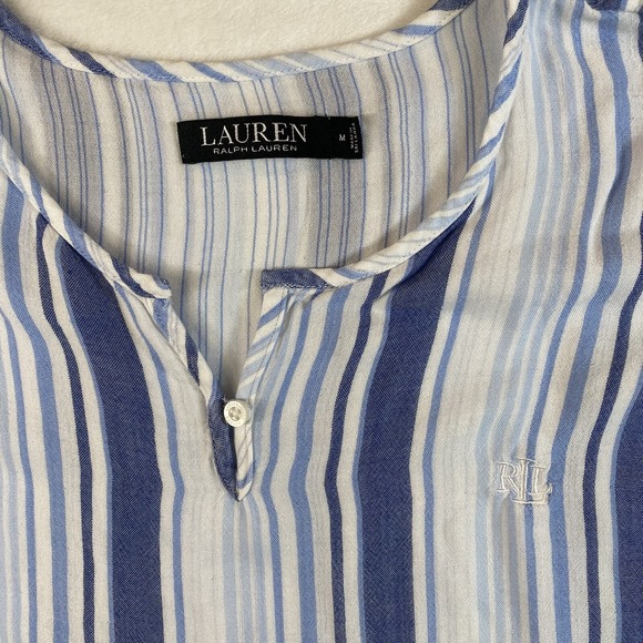 Lauren Ralph‎ Lauren Black Label Shirt Womens M Blue Striped Gauzy Boxy Logo - Picture 4 of 11